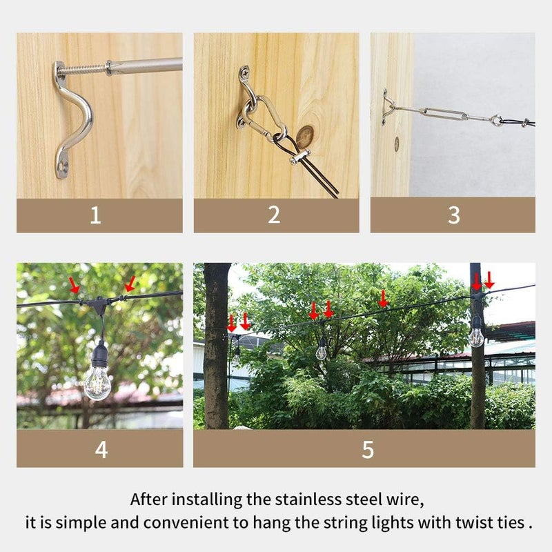 YQL Outdoor String Lights Hanging Kit,Globe String Lights Suspension Kit,164ft Black Vinyl-Coated 304 Stainless Steel Cable,String Light Guide Wire,Hook & Eye Turnbuckle Wire Rope Tension - Image 4